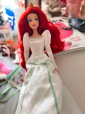 Disney Ariel Red Hair Princess Doll in White Dress with Green Trim